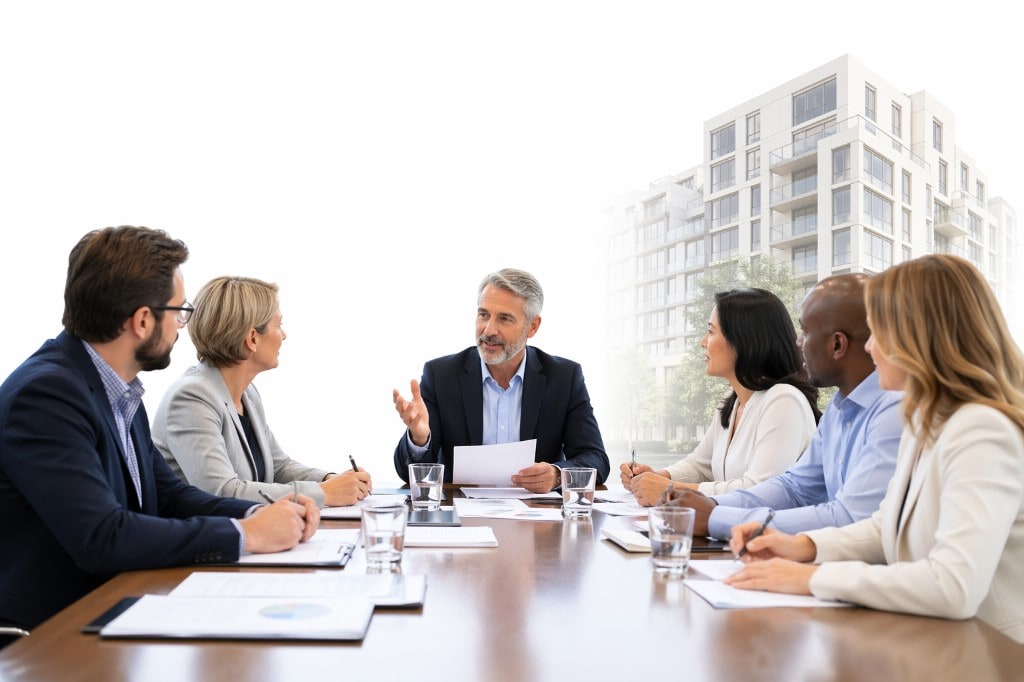 A diverse group of professional condo board members listening to a chairperson leading a meeting at a conference table, with a modern condominium building in the background.