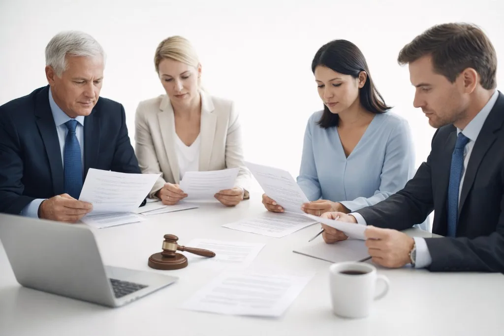 Condo board members at a conference table reviewing meeting minutes and governance documents with a laptop and gavel