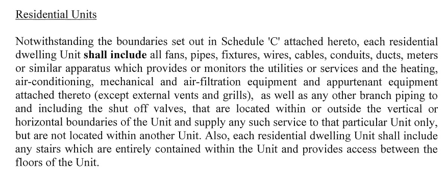 Residential unit definition section in a condominium declaration
